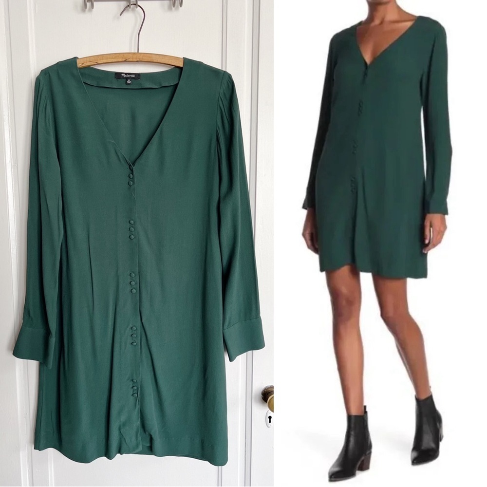 Madewell • Novel Button Front Long Sleeve Dress mini shift Smoky Spruce green